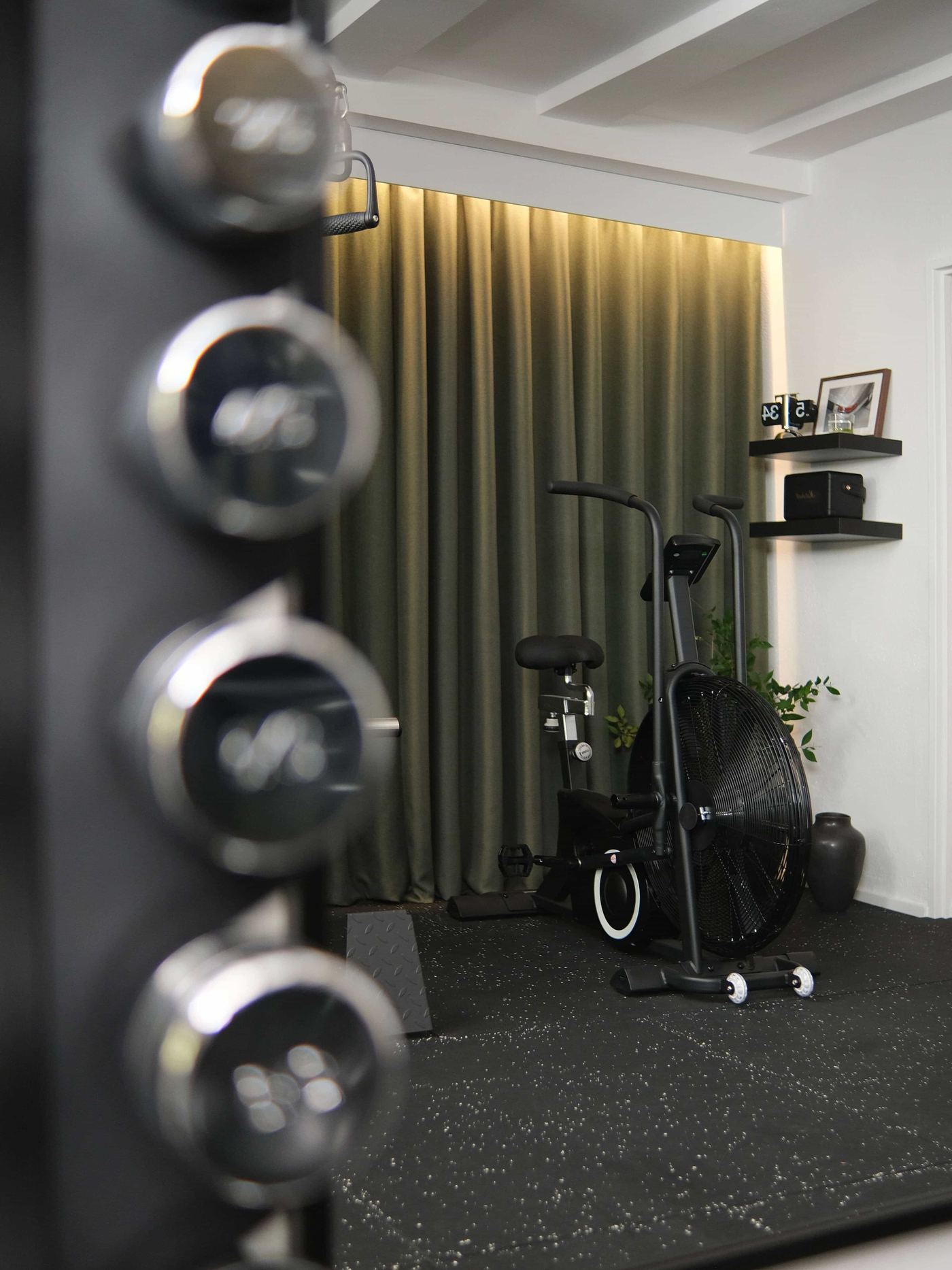 Kurzhantelablage im Vordergrund, dahinter der Trainingsraum des ZELI